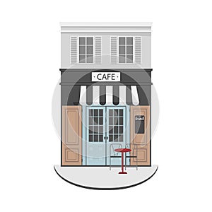 Detailed French house in vintage style with a cafe on the ground floor. Isolated flat vector illustration.