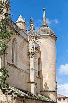 Detailed front view at the iconic spanish gothic ornaments building at the Segovia cathedral, towers and domes