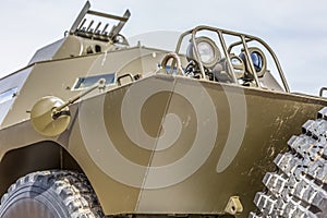 Detailed front view of old armored military vehicle