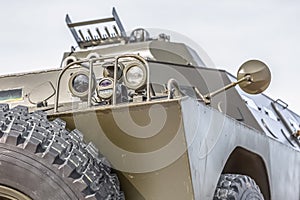 Detailed front view of old armored military vehicle photo