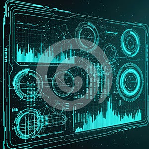 Futuristic digital interface displaying complex data analysis with charts and graphs in glowing cyan