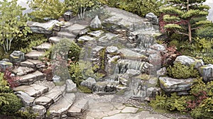 A detailed garden blueprint featuring multiple tiers of landscaping including a secluded rock garden and cascading