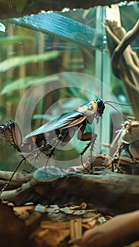 Detailed giant cockroach in a terrarium. A close-up of an exotic insect in a naturalistic habitat. Concept of entomology