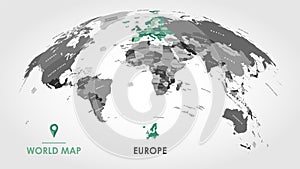 Detailed global world map, with borders and names of countries, seas and oceans, Continent of Europe in colors, vector