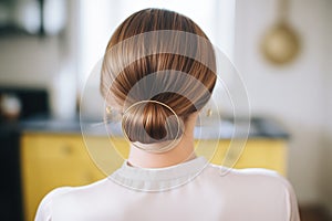 detailed golden hairpin adorning a sleek low chignon photo