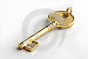 A detailed golden key on a reflective white surface, symbolizing opportunity, access, and security