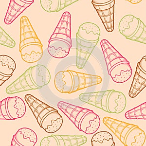 Detailed graphic ice cream cone seamless pattern. Colorful outlines. Light background. photo