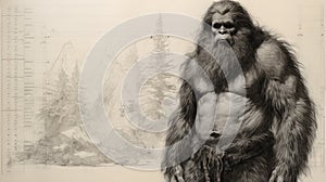 Detailed Graphite Sketch Of Bigfoot In Snowy Wilderness