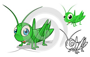 Detailed Grasshopper Cartoon Character with Flat Design and Line Art Black and White Version