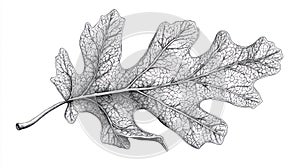 Oak Leaf Etching - Black and White Detailed Natural Drawing on White Background