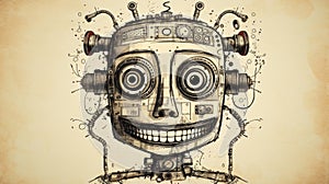 Detailed Grotesque Caricature: Funny Robot Face On Grunge Background