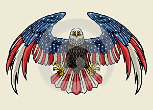 Detailed Hand Drawn Bald Eagle With American Flag Color