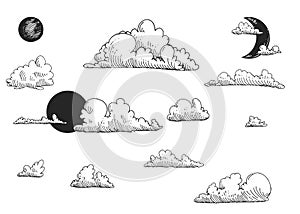 Detailed hand drawn black and white illustration set of clouds, sun, moon. sketch. Vector. Elements in graphic style