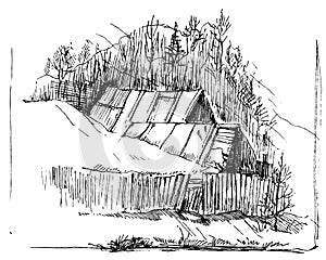 Detailed hand drawn ink black and white illustration of old house. sketch. Vector