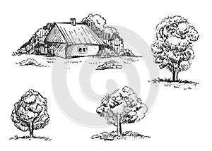 Detailed hand drawn ink black and white illustration set of farm house, tree. sketch. Vector eps 8