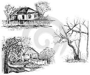 Detailed hand drawn ink black and white illustration set of farm house, tree. sketch. Vector eps 8