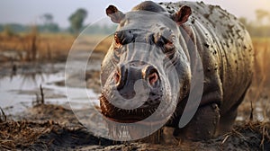 Detailed Hippo Walking In Mud: Exaggerated Features And Emotional Impact photo