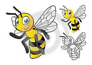 Detailed Honey Bee Cartoon Character with Flat Design and Line Art Black and White Version