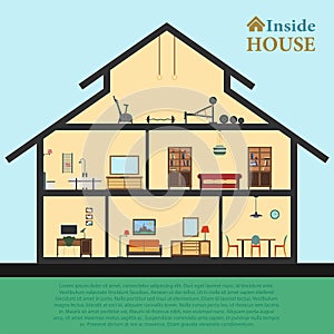 Detailed house in cut. Different modern furniture interiors. Flat style vector illustration