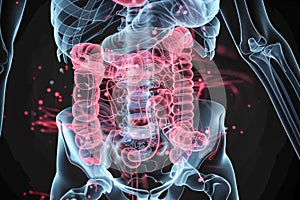 Detailed Human Digestive System Anatomy Illustration Highlighting Intestines on a Black Background