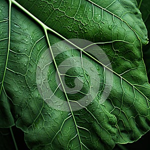 Detailed Hyperrealism: Close Up Of Green Leaf With Water Droplets