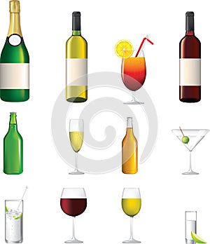 Detailed icon of different alcoholic drinks photo