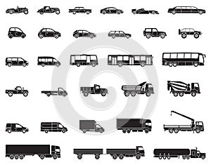 Detailed icons of cars, buses and trucks of various types