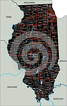 Detailed Illinois road map with labeling.