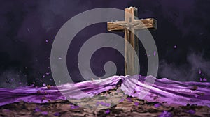 Detailed illustration of an Ash Wednesday theme, featuring a wooden cross on a purple altar cloth and scattered ashes