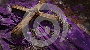 Detailed illustration of an Ash Wednesday theme, featuring a wooden cross on a purple altar cloth and scattered ashes