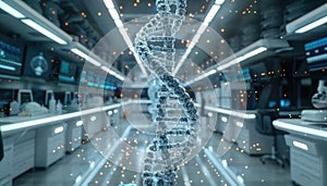 Detailed illustration of a blue glowing DNA double helix structure on a clean white background