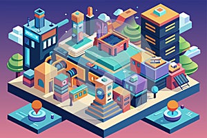Detailed illustration of a bustling city filled with numerous towering buildings, Metaverso Customizable Isometric Illustration photo