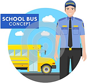 Education concept. Detailed illustration of driver in uniform on background with yellow school bus in flat style. Vector