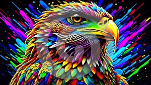 Detailed illustration of an eagle adorned with vibrant-colored feathers