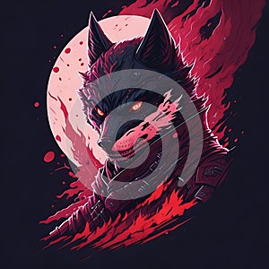 detailed illustration face evil ninja wolf,magic, t-shirt design, red color , dark magic splash, dark, ghotic, t-shirt design, in