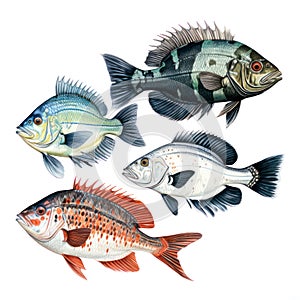 Detailed illustration of four different species of fish on a white background, AI Generated