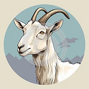 Detailed Illustration Of Goat Head In Circle With Mountains