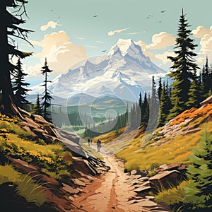 Detailed Illustration Of Mountain Path: Vintage Poster Design photo