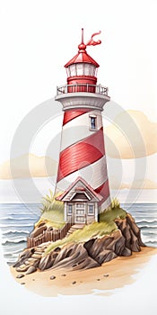 Detailed Illustration Of A Mystic Red And White Lighthouse On The Shore