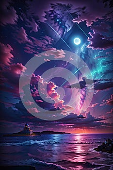 A Detailed Illustration Of Neon Light Art, In The Dark Of Night, Moonlit Seas, Clouds, Moon, Stars, Colorful Detailed.