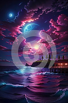 A Detailed Illustration Of Neon Light Art, In The Dark Of Night, Moonlit Seas, Clouds, Moon, Stars, Colorful Detailed.