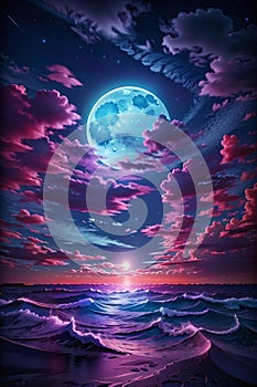 A Detailed Illustration Of Neon Light Art, In The Dark Of Night, Moonlit Seas, Clouds, Moon, Stars, Colorful Detailed.