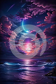 A Detailed Illustration Of Neon Light Art, In The Dark Of Night, Moonlit Seas, Clouds, Moon, Stars, Colorful Detailed.