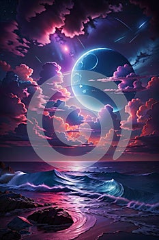 A Detailed Illustration Of Neon Light Art, In The Dark Of Night, Moonlit Seas, Clouds, Moon, Stars, Colorful Detailed.