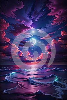 A Detailed Illustration Of Neon Light Art, In The Dark Of Night, Moonlit Seas, Clouds, Moon, Stars, Colorful Detailed.