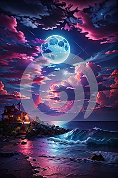 A Detailed Illustration Of Neon Light Art, In The Dark Of Night, Moonlit Seas, Clouds, Moon, Stars, Colorful Detailed.