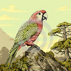 Detailed Illustration Of Parrot On Branch With Mountain Background