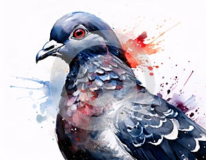 A detailed illustration of a pigeon perched on a branch, with vibrant blue and purple feathers and a splash of watercolor in the photo