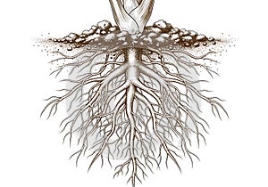 Detailed illustration of a plant s extensive root system and soil structure