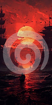 Detailed Illustration Of Post-apocalyptic Ocean With Red Sun Setting